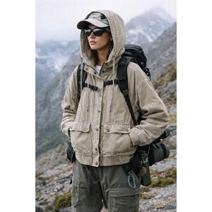 Y2K Women's L Beige Corduroy Hooded jacket Cabincore Streetwear Gorpcore granola
